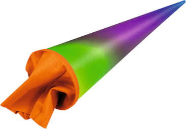 Ein kegelförmiges Objekt mit einem blauen, violetten und grünen Farbverlauf, das am breiten Ende mit orangefarbenem Stoff gefüllt oder bedeckt ist.