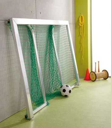 Ein Fußballtor mit grünem Netz lehnt an einer Wand auf einem grünen Boden. In der Nähe liegen ein schwarz-weißer Fußball, zwei orangefarbene Kegel, ein gelbes Springseil und ein Holzspielzeug auf Rädern.