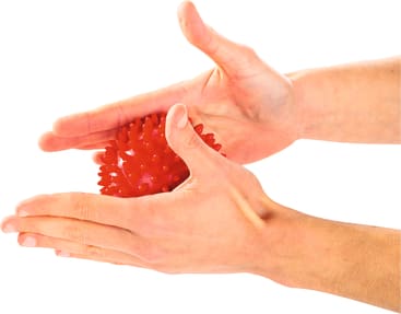 Zwei Hände halten und drücken einen roten stacheligen Massageball vor einem weißen Hintergrund.