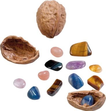 Eine Walnussschale und eine ganze Walnuss sind mit verschiedenen geschliffenen Edelsteinen, darunter blaue, rosafarbene, violette, goldene und braune Steine, auf einem weißen Hintergrund angeordnet.