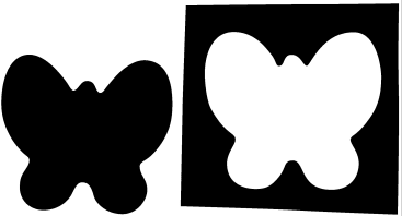 Eine schwarze Schmetterlingssilhouette auf der linken Seite und ein passender weißer Schmetterlingsausschnitt in einer schwarzen quadratischen Form auf der rechten Seite.