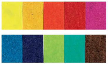 Es werden zwei Reihen von farbigen Rechtecken gezeigt. Die obere Reihe zeigt Gelb, Orange, Rot, Dunkelrot und Magenta. Die untere Reihe zeigt dunkelblau, blau, grün, türkis und braun.