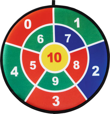 Eine bunte runde Dartscheibe mit Abschnitten, die von 0 bis 10 nummeriert sind. Der mittlere Kreis ist gelb mit der Zahl 10, umgeben von blauen, roten und grünen Abschnitten mit anderen Zahlen. Ein schwarzer Rand umrandet die Dartscheibe.