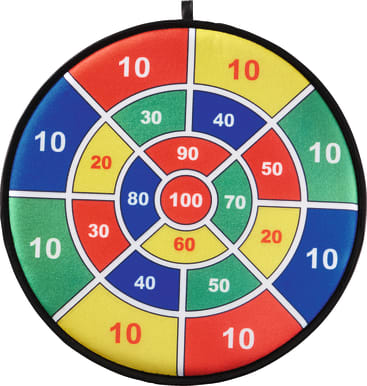 Eine bunte Dartscheibe mit konzentrischen Kreisen und Abschnitten, die mit Punktwerten von 10 bis 100 in Rot, Blau, Gelb und Grün beschriftet sind.