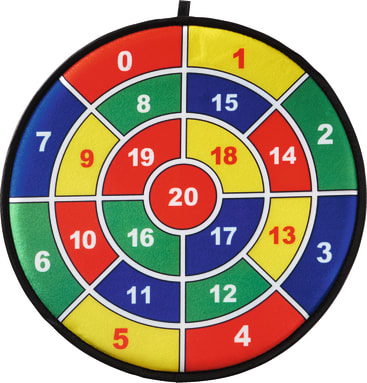 Eine bunte kreisförmige Dartscheibe mit Zahlen in jedem Abschnitt. Der äußerste Ring ist grün und rot, die inneren Ringe sind rot, grün, blau und gelb, mit einem zentralen roten Bereich, der mit 20 markiert ist. Die Zahlen reichen von 0 bis 20.