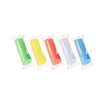 Fünf rechteckige Stäbe in den Farben Grün, Gelb, Rot, Weiß und Blau, die jeweils einzeln in klarem Kunststoff verpackt sind, sind in einer Reihe auf weißem Hintergrund angeordnet.