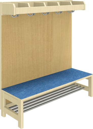 Ein Garderobenständer aus Holz mit vier Metallhaken, einer blauen Sitzbank und einem unteren Metallschuhständer. Das Regal hat über den Haken offene Fächer für zusätzlichen Stauraum.