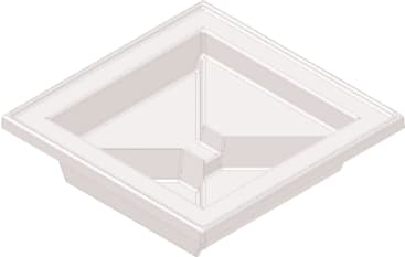 Ein 3D-gerendertes Bild einer quadratischen, vertieften Deckenstruktur mit abgestuften, schrägen Innenflächen und einem zentralen kreuzförmigen Detail. Das Bild wird aus einer erhöhten, abgewinkelten Perspektive gezeigt.