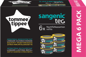 Eine rechteckige Schachtel mit Tommee Tippee Sangenic Tec Nachfüllkassetten, mit sechs illustrierten Nachfüllkassetten auf schwarzem Hintergrund mit rosa und blaugrünen Akzenten. Die Schachtel ist an der Seite mit MEGA 6 PACK beschriftet.