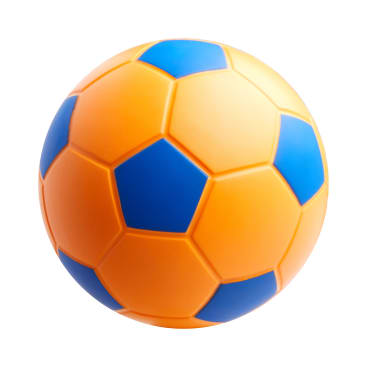 Ein Fußball mit orangefarbener Oberfläche und blauen, fünfeckigen Feldern, fotografiert auf weißem Hintergrund.