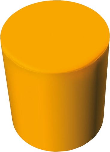 Ein massiver orangefarbener Zylinder mit glatter Oberfläche und abgerundeten Kanten ist auf einem weißen Hintergrund abgebildet.