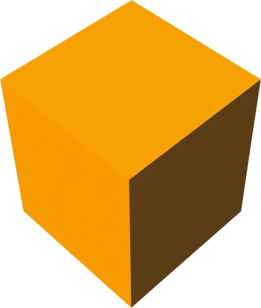 Eine einfache Illustration eines dreidimensionalen orange-braunen Würfels, der aus einem Winkel betrachtet wird, der drei seiner Seiten zeigt.