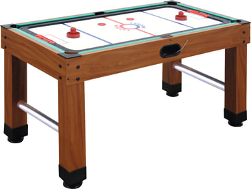 Ein rechteckiger Airhockeytisch aus Holz mit weißer Spielfläche, roten und blauen Markierungen, zwei roten Schlägern, einem schwarzen Puck und einem eingebauten Puckrücklaufschlitz an einer Seite.