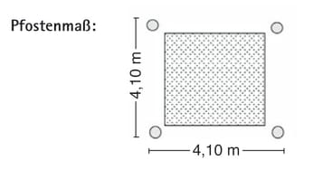 Das Diagramm zeigt eine quadratische Fläche mit einer Seitenlänge von 4,10 m, umgeben von vier kreisförmigen Punkten an den Ecken. Das Wort Pfostenmaß: erscheint auf der linken Seite des Bildes.