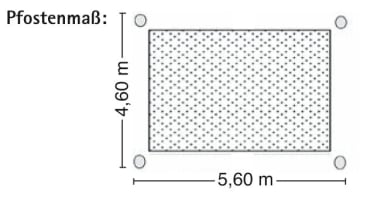 Eine rechteckige Fläche mit der Bezeichnung Pfostenmaß misst 4,60 Meter in der Höhe und 5,60 Meter in der Breite, mit vier kleinen Kreisen an jeder Ecke.