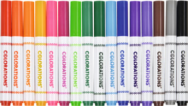 Eine Reihe von sechzehn Markern der Marke COLORATIONS in verschiedenen Farben ist vertikal angeordnet und zeigt die Kappen und Spitzen; die Fässer sind weiß mit farbigen Enden und dem Markennamen in passender Tinte gedruckt.