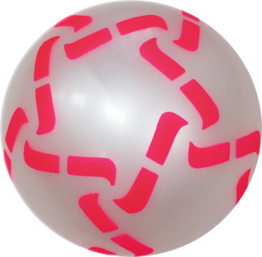 Ein weißer Ball mit einem Muster aus geschwungenen, rosafarbenen Linien, die ein abstraktes Muster auf seiner Oberfläche bilden.