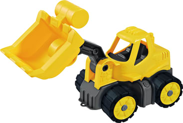 Ein gelber und grauer Spielzeugbulldozer aus Kunststoff mit großen Rädern und einer beweglichen Frontschaufel, der für Kinder zum Spielen gedacht ist.