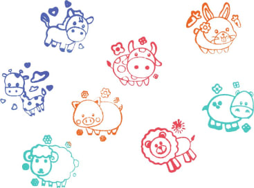 Eine Zeichnung von sieben Cartoon-Bauernhoftieren in verschiedenen Farben: ein blaues Pferd, eine lila Kuh, ein rosa Stier, ein orangefarbenes Kaninchen, ein grünes Schaf, ein roter Löwe und ein grünes Schwein, alle mit einfachen und verspielten Gesichtszügen.