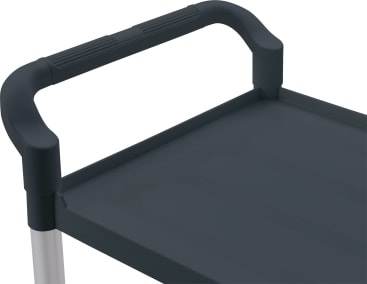 Eine Nahaufnahme des Griffs und der oberen Ablage eines schwarzen Servierwagens mit strukturiertem Griff und erhöhten Kanten sowie stabilen Metallbeinen.