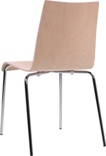 Stuhl aus hellem Holz mit geschwungener Rückenlehne und Sitzfläche, gestützt von vier Metallbeinen. Der Stuhl ist von hinten in einem leichten Winkel dargestellt.