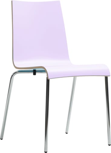 Ein moderner Stuhl mit einem hellvioletten, geschwungenen Sitz und einer Rückenlehne aus geformtem Material, gestützt von vier verchromten Metallbeinen. Das Design ist minimalistisch und hat keine Armlehnen.