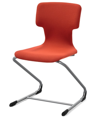Moderner Stuhl mit rot gepolsterter Sitzfläche und Rückenlehne, silbernem Freischwingergestell aus Metall und schwarzen Kunststofffüßen. Der Stuhl hat ein minimalistisches Design und verfügt über keine Armlehnen.