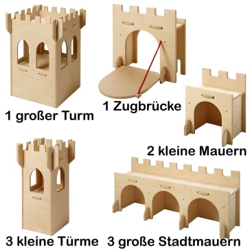 Ein Burgspielset aus Holz enthält einen großen Turm, drei kleine Türme, eine Zugbrücke, zwei kleine Mauern und drei große Stadtmauern. Jedes Teil ist separat mit deutschen Etiketten abgebildet.