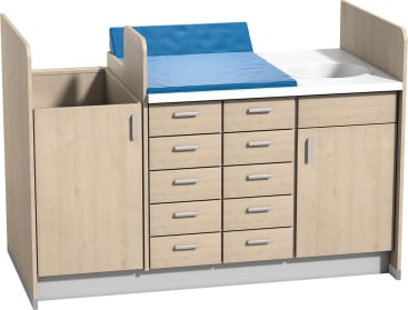 Wickelanlage inkl. Handwaschbecken mit 10 Schubkästen und Anbau-Aufstiegshilfe