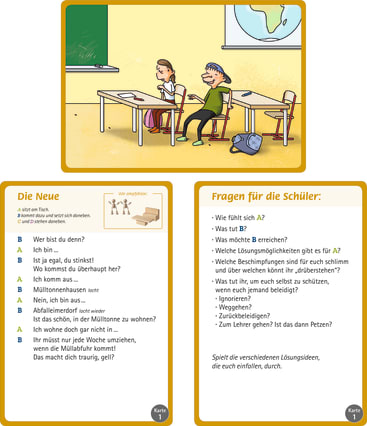 Ein Mädchen sitzt allein an einem Schreibtisch, während zwei Schüler hinter ihr flüstern und lachen. Im Klassenzimmer gibt es eine Tafel, ein Buch und eine Wandtafel. Unter dem Bild befinden sich drei Textkarten mit Diskussionsanregungen auf Deutsch.