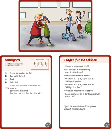 Zwei Schüler prügeln sich, während ein dritter versucht, sie zu stoppen, und ein vierter zusieht. Zwei Schultaschen und eine Jacke liegen in der Nähe auf dem Boden. Die Szene ist als "Streit" gekennzeichnet und enthält eine Diskussion und Fragen auf Deutsch.