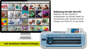 Eine Brother ScanNCut-Schneidemaschine ist unter einem Computermonitor abgebildet, auf dem verschiedene Basteldesigns angezeigt werden. Der Text beschreibt, dass die Maschine über einen Touchscreen oder einen PC bedient werden kann und kostenlose Software und Designs enthält.