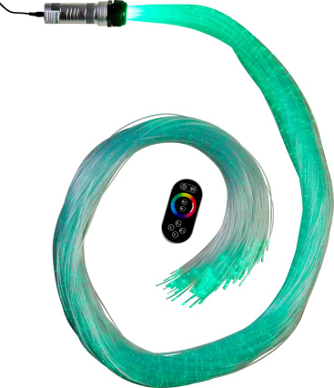 Ein Bündel von Glasfasersträngen, die mit einer grün leuchtenden Lichtquelle verbunden sind, ist spiralförmig aufgerollt und in der Mitte befindet sich eine kleine schwarze Fernbedienung.
