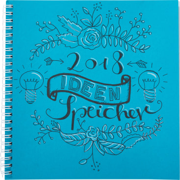 Ein blaues, spiralgebundenes Notizbuch mit Blumen- und Glühbirnenillustrationen. 2018 Ideen Speicher steht in dekorativer Schrift auf dem Einband.
