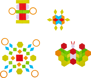 Vier bunte geometrische Muster aus Sechsecken, Quadraten, Rechtecken, Kreisen und Dreiecken sind auf einem weißen Hintergrund angeordnet. Die Muster ähneln abstrakten Formen und Objekten, darunter eines, das wie ein Schmetterling aussieht.