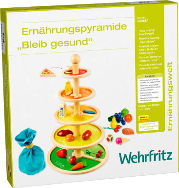 Eine Holzpyramide von Wehrfritz mit bunten Lebensmitteln und Schüsseln, einer blauen Stofftasche und einem deutschsprachigen Text über Ernährung und gesundes Essen.