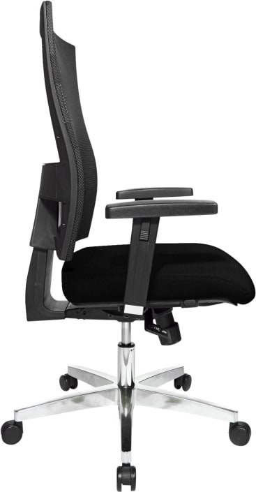 Seitenansicht eines schwarzen ergonomischen Bürostuhls mit verstellbaren Armlehnen, Netzrückenlehne, gepolstertem Sitz und einem fünfrädrigen Metallgestell.