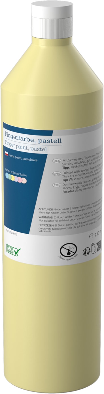 Eine 750-ml-Flasche pastellgelber Fingerfarbe mit deutschem und englischem Text auf dem Etikett, Sicherheitssymbolen und einer weißen Kappe. Das Etikett enthält Produktangaben und Gebrauchsanweisungen.