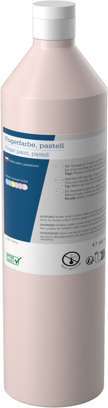 Eine hohe, zylindrische Flasche mit einer weißen Kappe, die pastellrosa Fingerfarbe enthält. Das Etikett enthält Text in Deutsch und Englisch, farbige Farbtropfen, Sicherheitssymbole und eine Anleitung. Die Flasche fasst 750 ml.