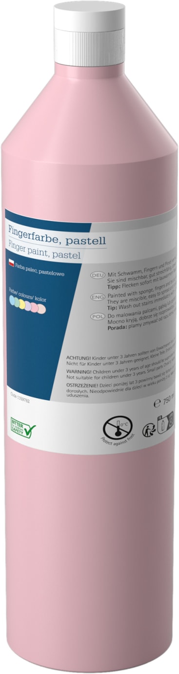 Eine 750-ml-Flasche mit pastellrosa Fingerfarbe und weißem Verschluss, mit deutschem und englischem Text, Farbangaben und verschiedenen Sicherheitssymbolen auf dem Etikett.