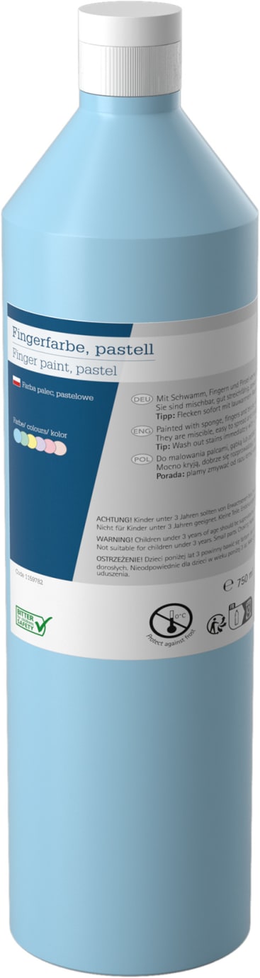 Eine 750-ml-Plastikflasche mit pastellblauer Fingerfarbe, weißem Verschluss und mehrsprachigem Etikett mit deutschem und englischem Text, Farbmuster, Produktinformation und Sicherheitssymbolen.