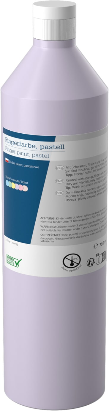Eine 750-ml-Flasche pastellvioletter Fingerfarbe mit einem hellvioletten Deckel, beschriftet in Deutsch und Englisch. Das Etikett enthält Gebrauchsanweisungen, Sicherheitssymbole und ein Bild mit Farbbeispielen.