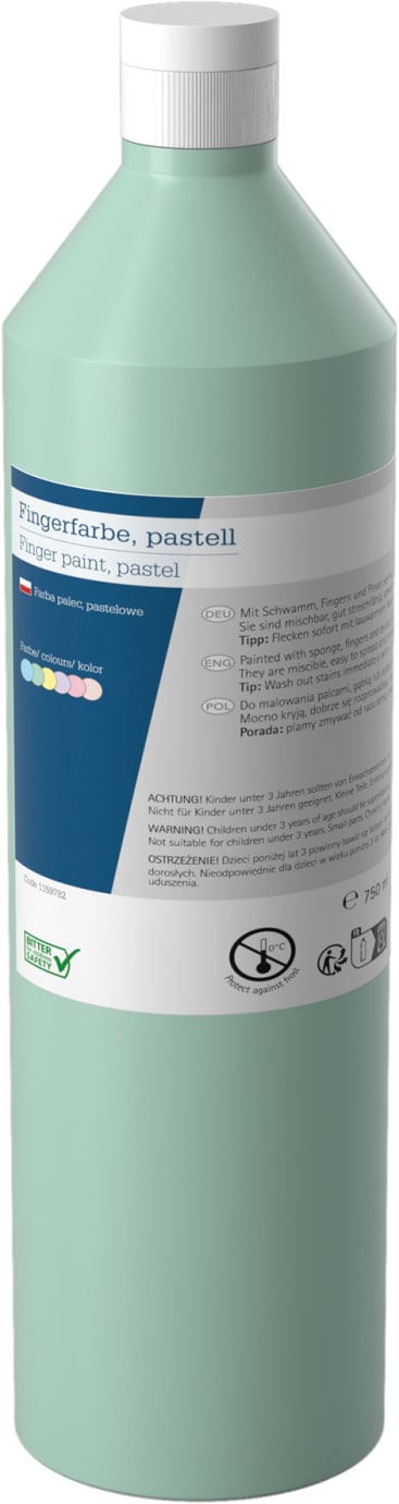 Eine hohe, zylindrische Flasche mit hellgrünem Deckel und Korpus, beschriftet mit "Fingerfarbe, Pastell". Das Etikett enthält Produktinformationen in mehreren Sprachen und Symbole für Sicherheit und Recycling. Die Flasche enthält 750 ml.
