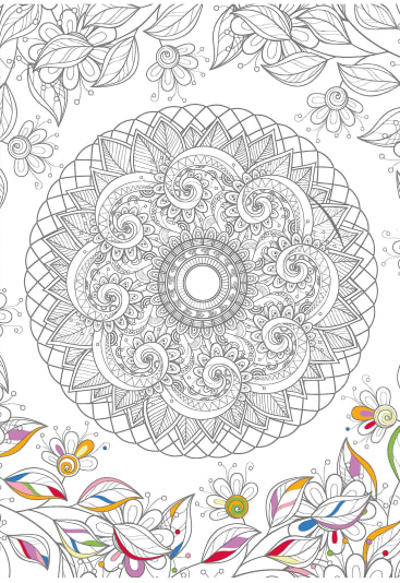 Kompliziertes schwarz-weißes Mandala-Muster mit floralen Mustern. Der untere Teil des Bildes zeigt teilweise farbige Blumen und Blätter, während der Rest ungefärbt bleibt. Der Hintergrund enthält zusätzliche florale Details.