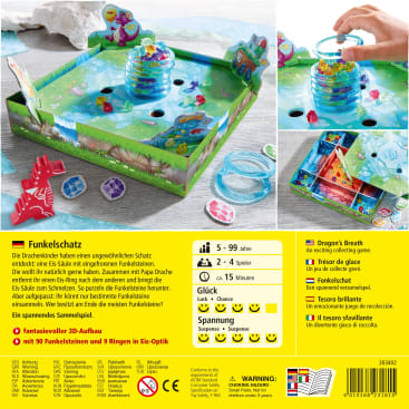 Ein Brettspiel namens Funkelschatz wird gezeigt. Die geöffnete Spielschachtel zeigt bunte Drachenfiguren, Ringe und Edelsteine. Zwei kleinere Bilder zeigen Hände, die das Spiel spielen, indem sie Ringe entfernen und Edelsteine sammeln.