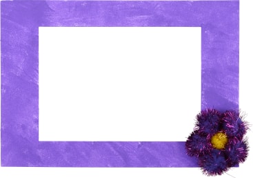 Ein rechteckiger Rahmen mit einem strukturierten violetten Rand und einer Gruppe von violettem und gelbem Zierflitter in der rechten unteren Ecke; die Mitte des Rahmens ist leer und weiß.