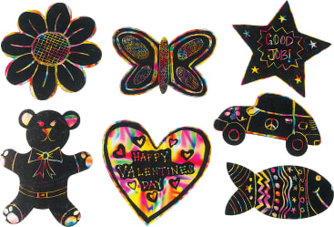 Sieben Rubbelformen sind auf weißem Hintergrund abgebildet, darunter eine Blume, ein Schmetterling, ein Stern mit Good Job!, ein Bär, ein Herz mit Happy Valentines Day, ein Auto mit einem Friedenszeichen und ein Fisch, alle mit bunten Regenbogenakzenten.