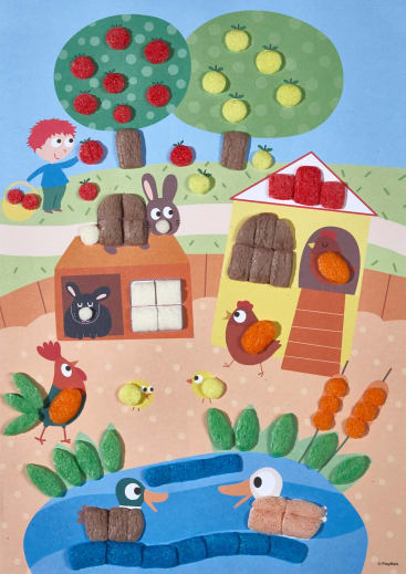 Eine farbenfrohe Collage zeigt ein Kind, das Äpfel in der Nähe von Bäumen hält, zwei Häuser mit Tieren auf und um sie herum, Hühner und Küken, einen Hahn und zwei Enten in einem Teich. Die Szene wurde aus strukturierten, farbigen Getreidestücken gestaltet.