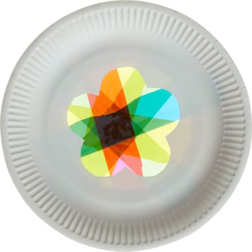 Ein weißer Pappteller mit einem farbenfrohen, durchscheinenden, blumenförmigen Muster aus sich überlappenden geometrischen Formen in der Mitte. Das Design umfasst rote, gelbe, grüne und blaue Abschnitte.