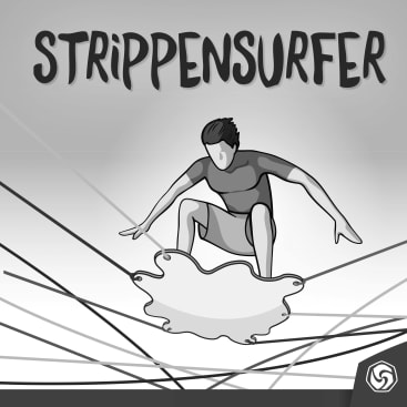 Eine Person in einem Neoprenanzug hockt auf einem wirbelförmigen Surfbrett und balanciert auf mehreren sich kreuzenden Leinen. Darüber ist das Wort Strippensurfer zu lesen. Das Bild ist in Graustufen gehalten.